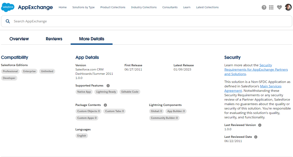 Salesforce CRM Dashboards App Details