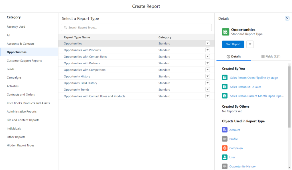 Create New Report and Select the Opportunities