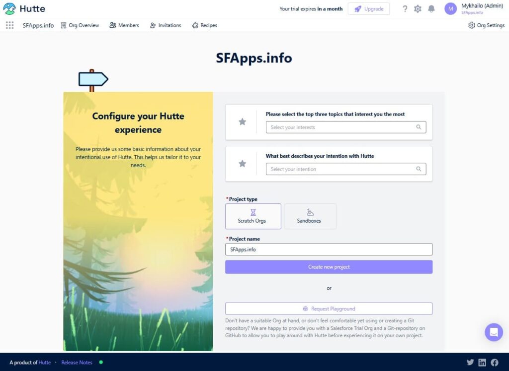 Interface for creating a new Project on Hutte