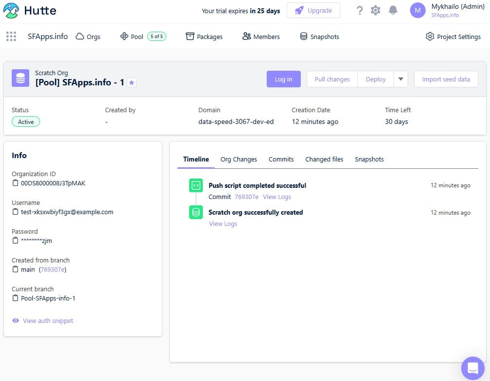 Interface of the newly created Scratch Org