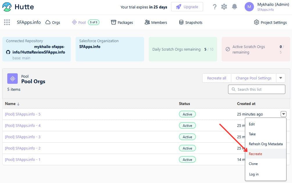 Recreate Scratch Org from the Pool for next use