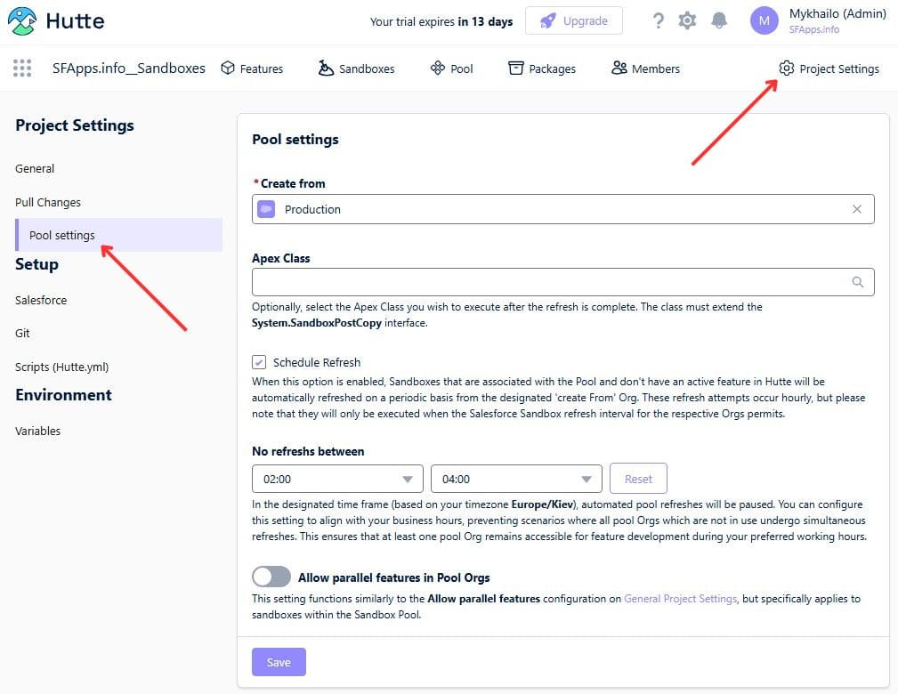 Schedule Refresh Pool setting in Hutte Sandbox Project Settings