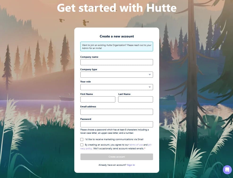 The page for creating a new Hutte Account