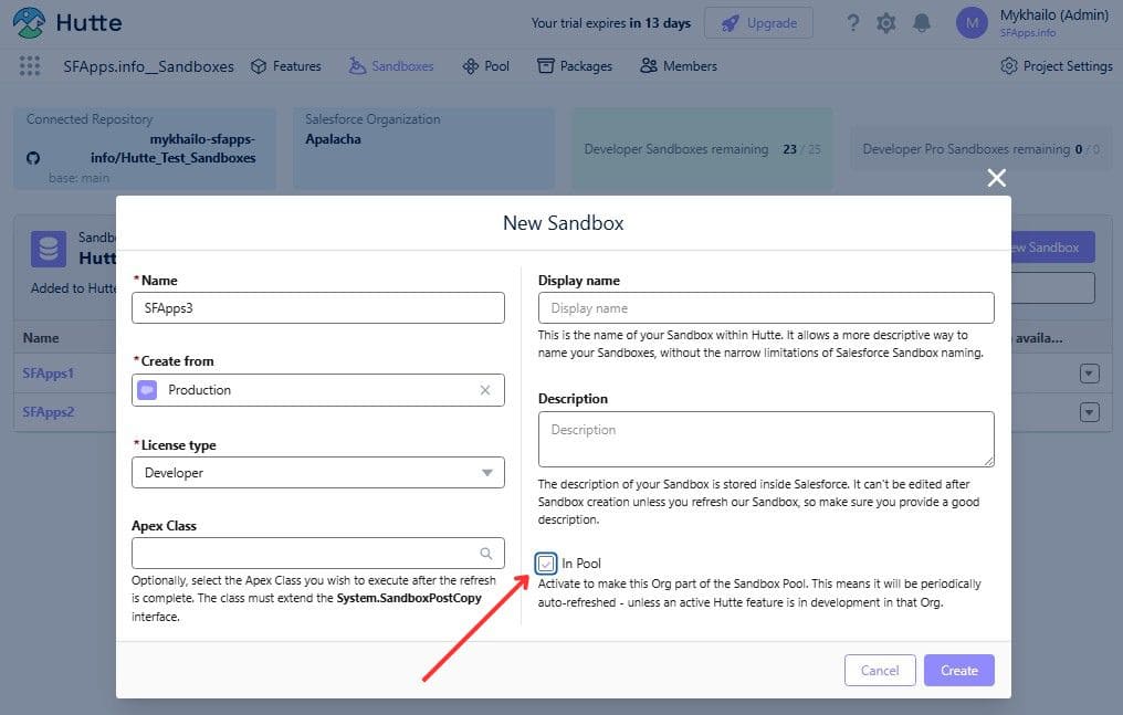 The process of creating a new Sandbox in the Hutte interface