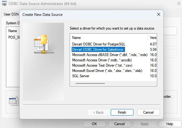 Add new System DSN for Salesforce in ODBC Data Source Administrator