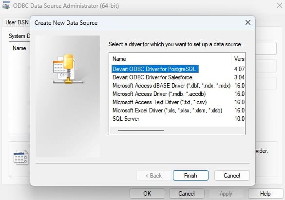 Add new System DSN in ODBC Data Source Administrator