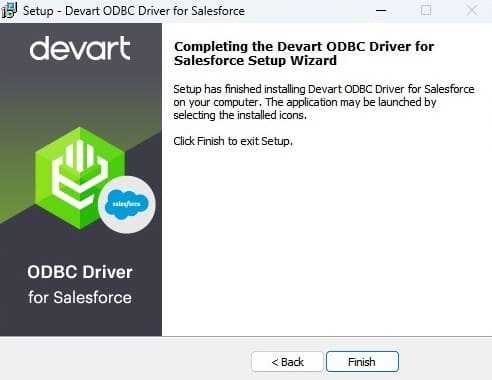 Confirmation of successful installation of Devart ODBC Driver for Salesforce