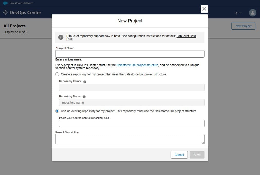 Creating a new project in Salesforce DevOps Center