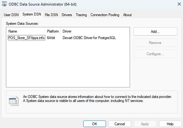 DSN in ODBC Data Source Administrator with the PostgreSQL Driver