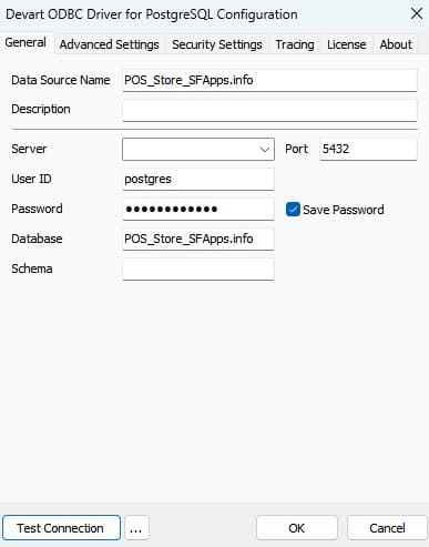 Devart PostgreSQL ODBC Driver Setup dialog