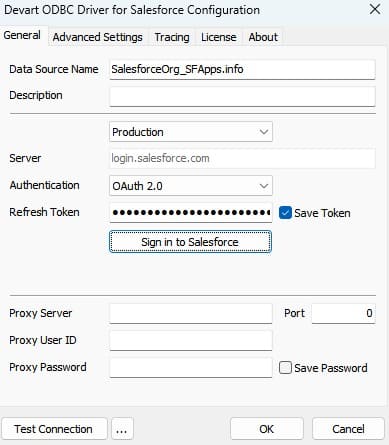 Devart Salesforce ODBC Driver configuration screen