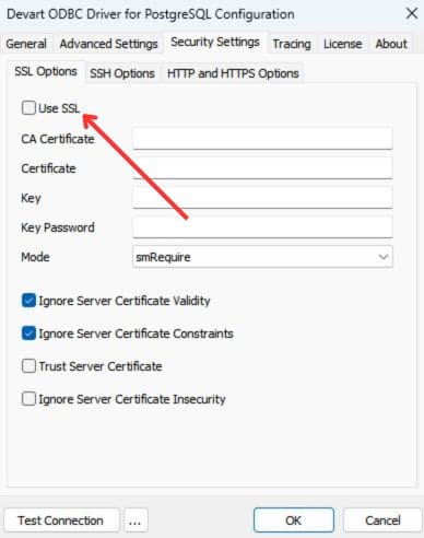 SSL checkbox in PostgreSQL ODBC setup