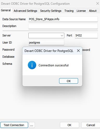 Test connection through Devart PostgreSQL ODBC Driver