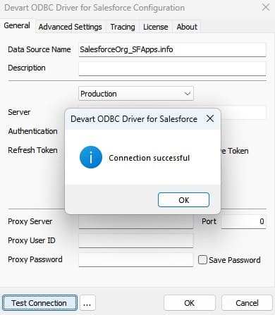 Test connection through Devart Salesforce ODBC Driver