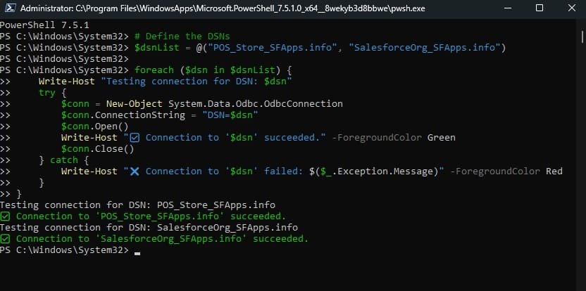Test the ODBC connections through Windows PowerShell