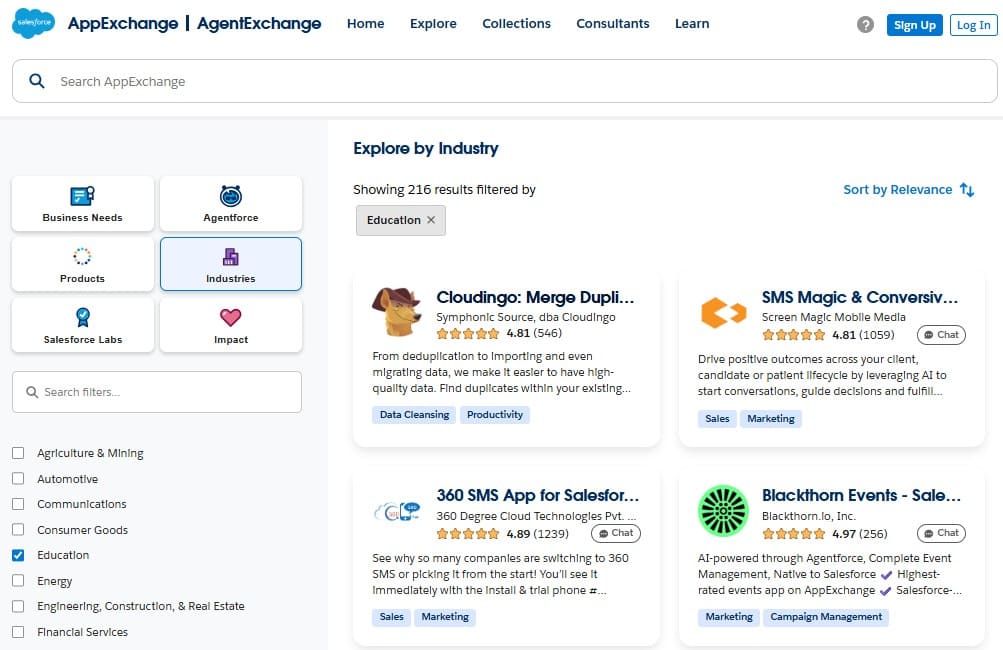 Education industry section on AppExchange