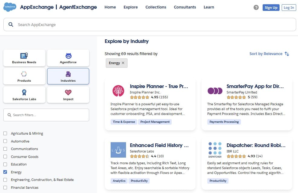 Industry selection on AppExchange