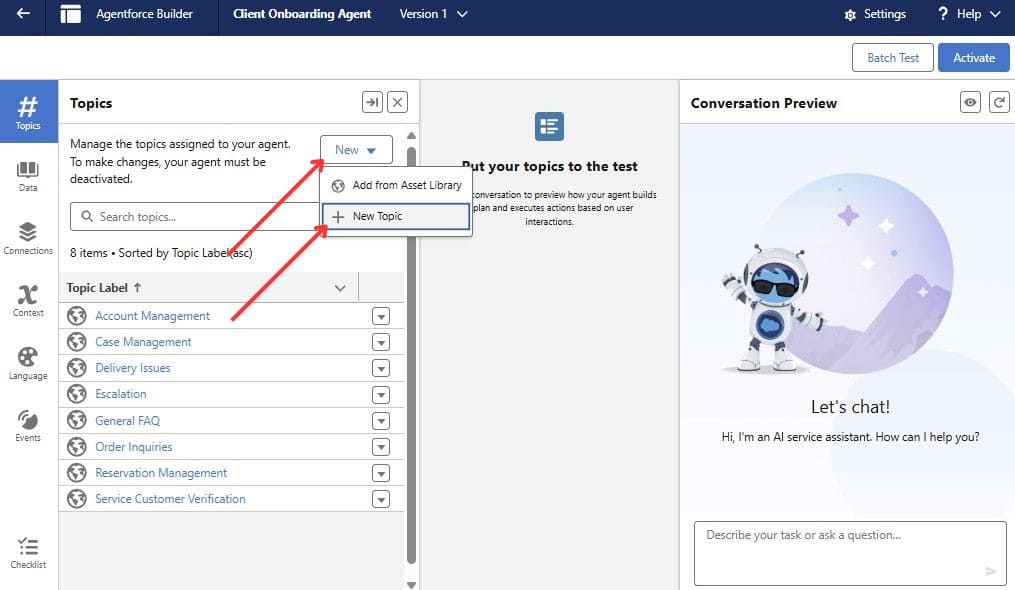 Creating new topic for the newly created Client Onboarding Agent