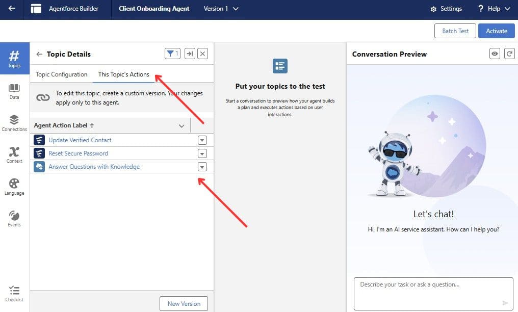 Example of Actions in an Agentforce Agent Topic Details