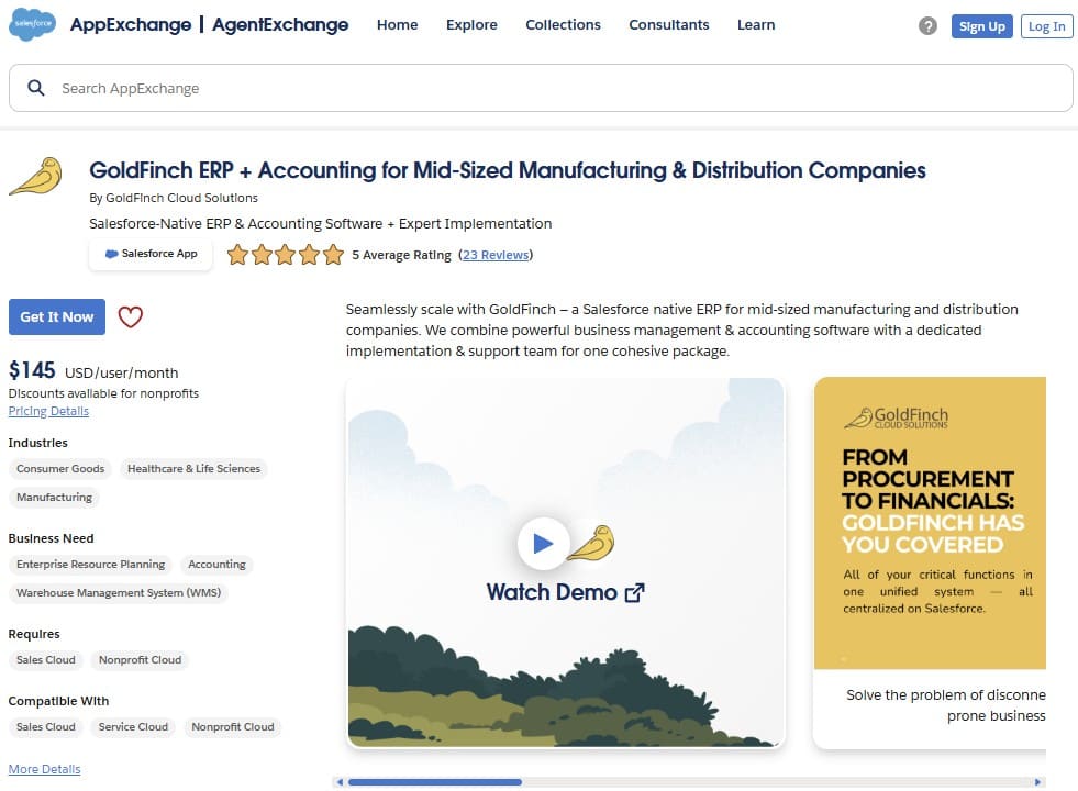 GoldFinch ERP + Accounting on AppExchange