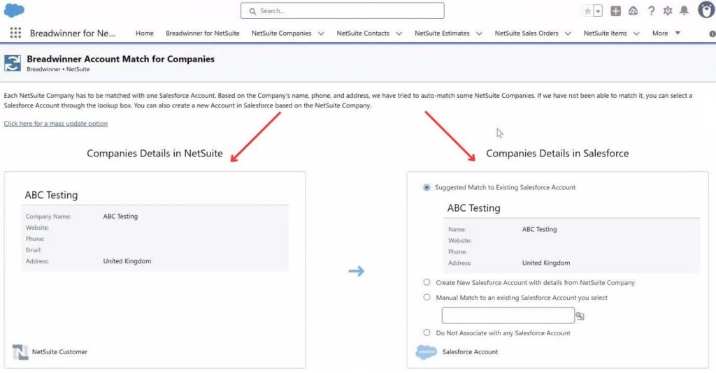 Account matching in Breadwinner for NetSuite