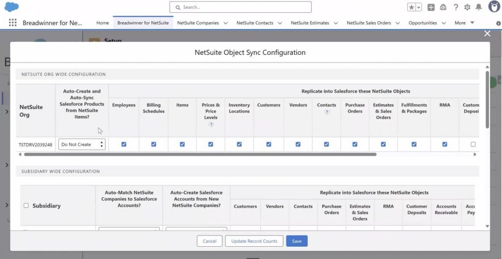 Breadwinner for NetSuite. Object sync configuration
