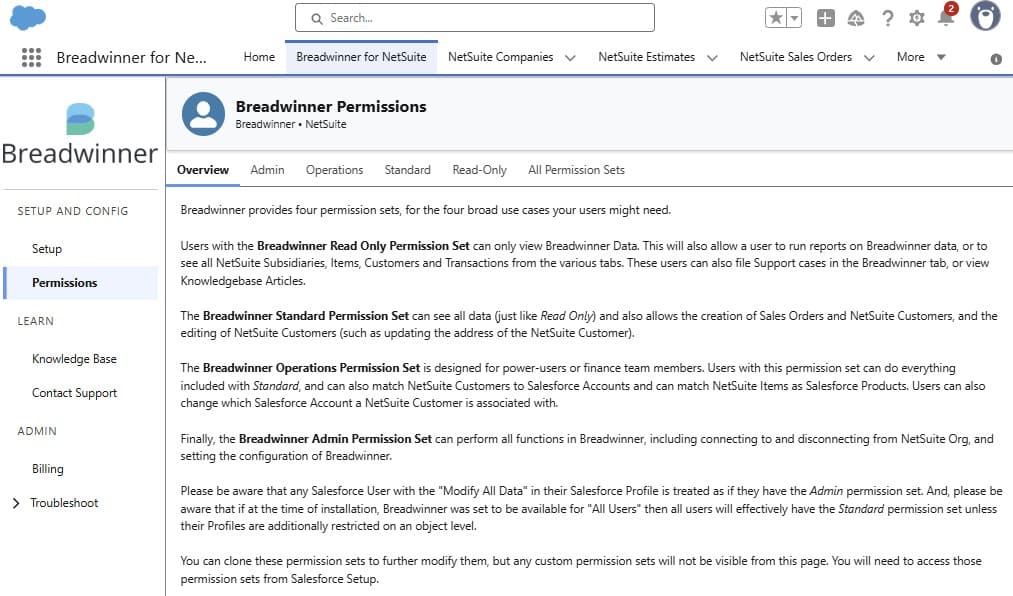 Breadwinner permissions overview in the app
