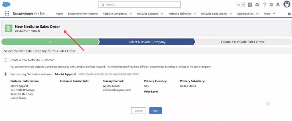 Example of creating a NetSuite Sales Order within Salesforce