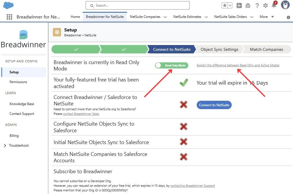 Switching between Read Only and Active Mode in Breadwinner for NetSuite