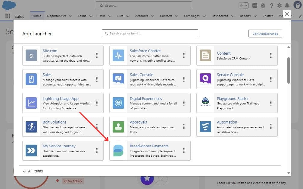 Breadwinner Payments app in the App Menu of a Salesforce Org