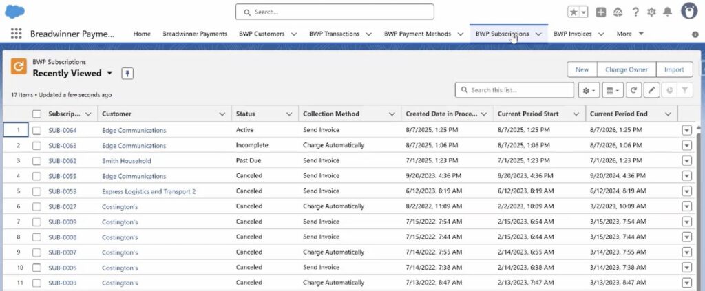 Breadwinner Payments imported Subscriptions inside Salesforce_