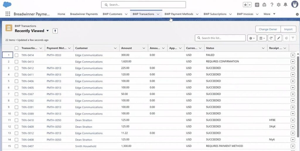 Breadwinner Payments imported transactions inside Salesforce