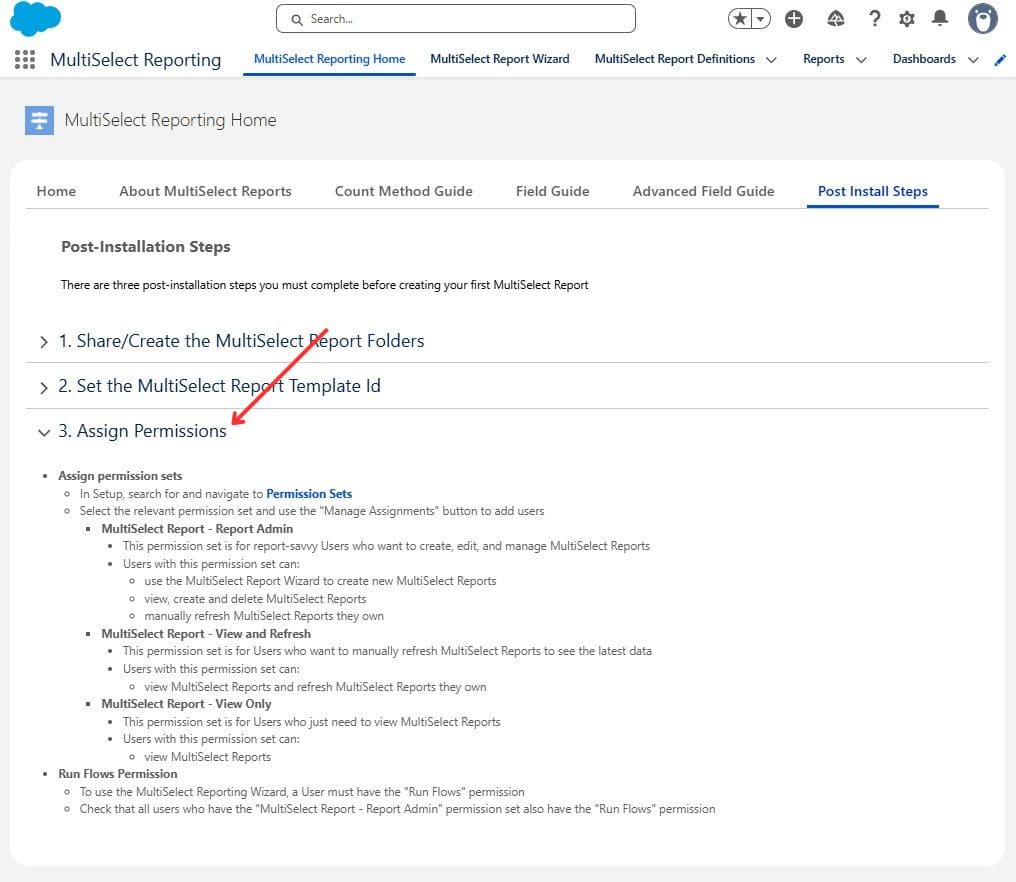 Assign Permissions section on “Post Install Steps” subtab