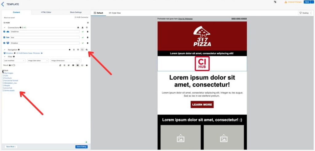 Choose assets through folder navigation or use the search option