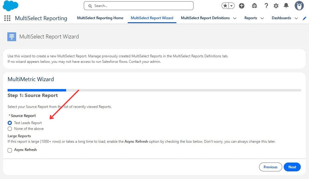Choosing the Source Report interface