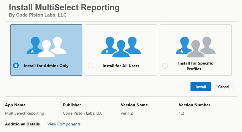 Choosing the type of installation of the App from AppExchange
