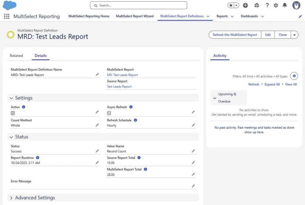 MultiSelect Report Definition interface