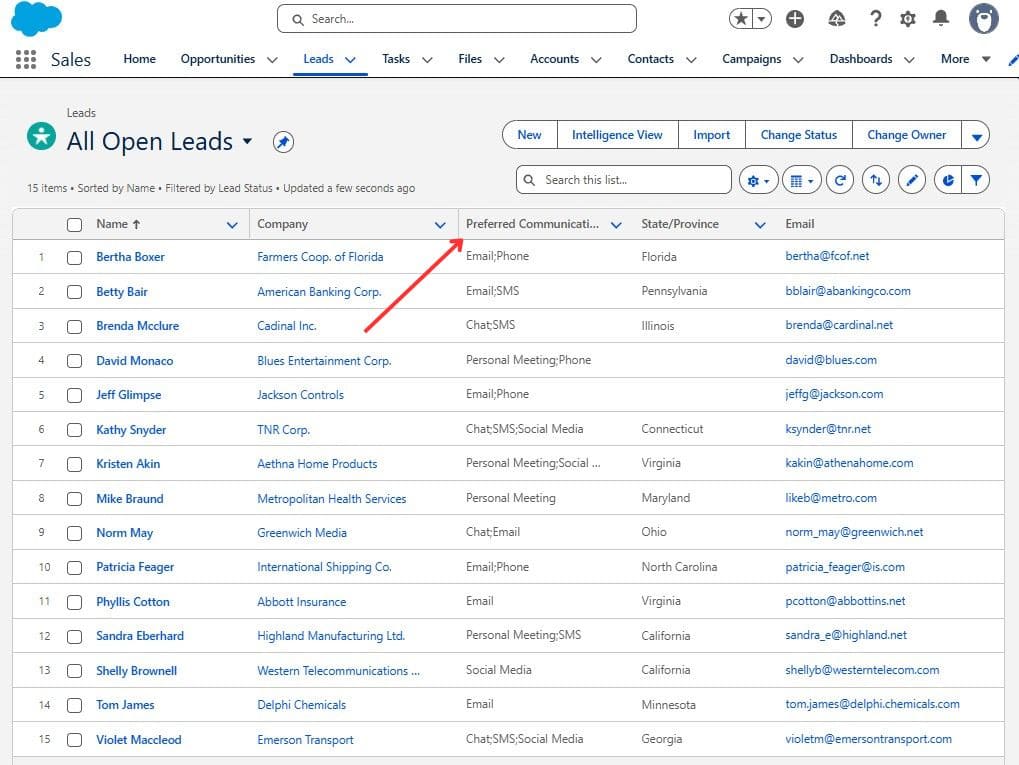 Open Leads with the filled Preferred Communication Channels multi-select picklist field