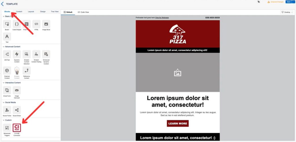 Find the CI HUB block at the Marketing Cloud Content Builder