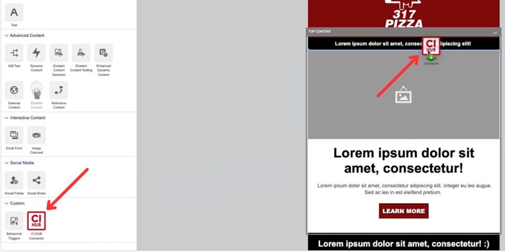 Drag and drop the CI HUB block onto the canvas