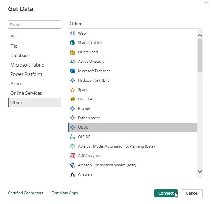 Getting information from an ODBC driver within Power BI. Image source Devart