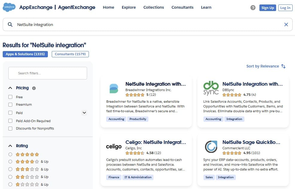 NetSuite Salesforce integration solutions on AppExchange