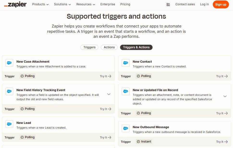 Examples of Salesforce Triggers & Actions on Zapier website