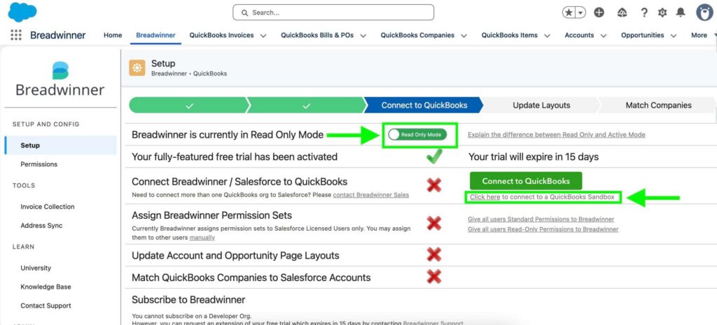 Configuration page for enabling active mode and sandbox connection
