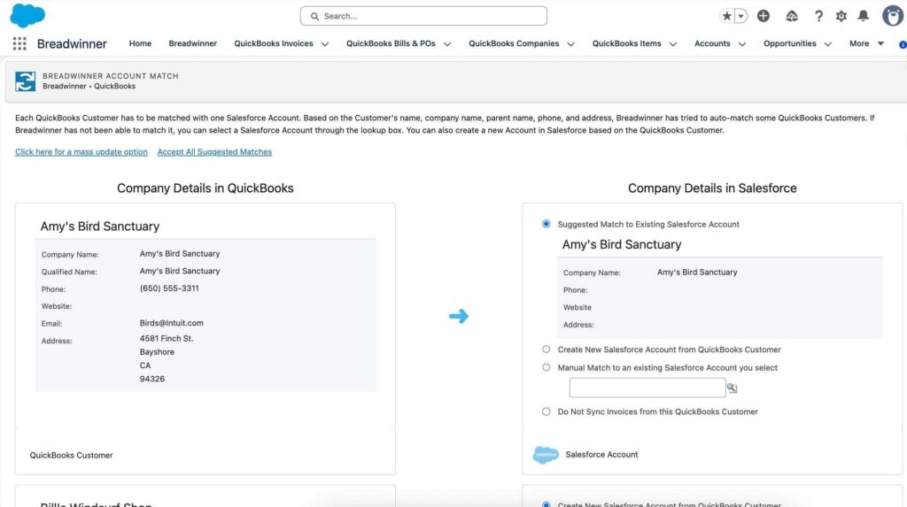 Customer-to-Account match page