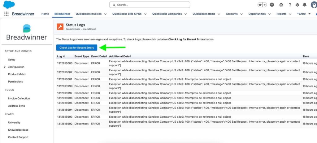 Error Status Logs page