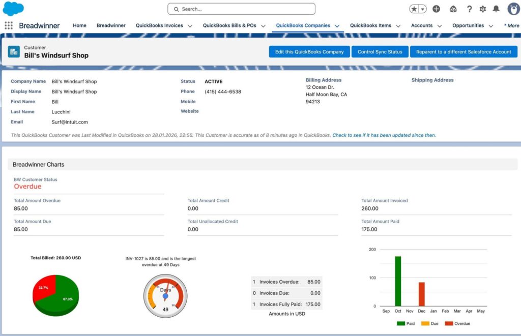 QuickBooks customer record page