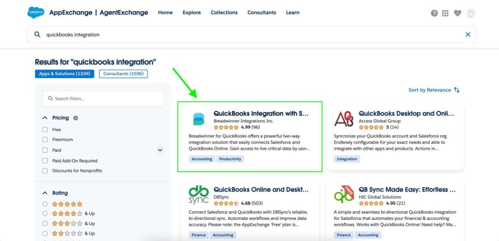 QuickBooks integration search result on AppExchange