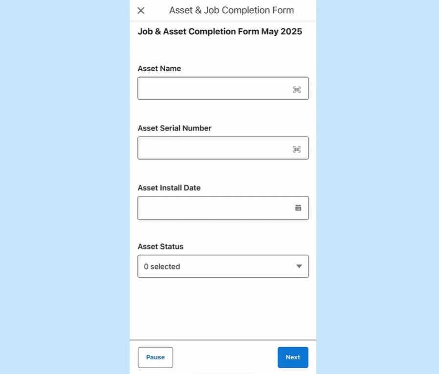 Standard Salesforce Field Service form interface for job and asset completion