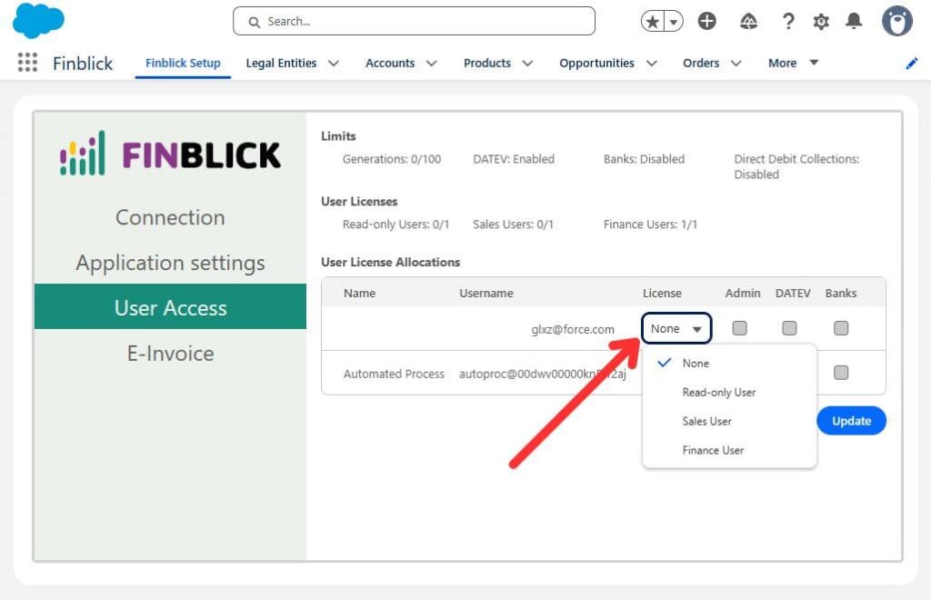 Assigning a Finblick user license in Finblick Setup